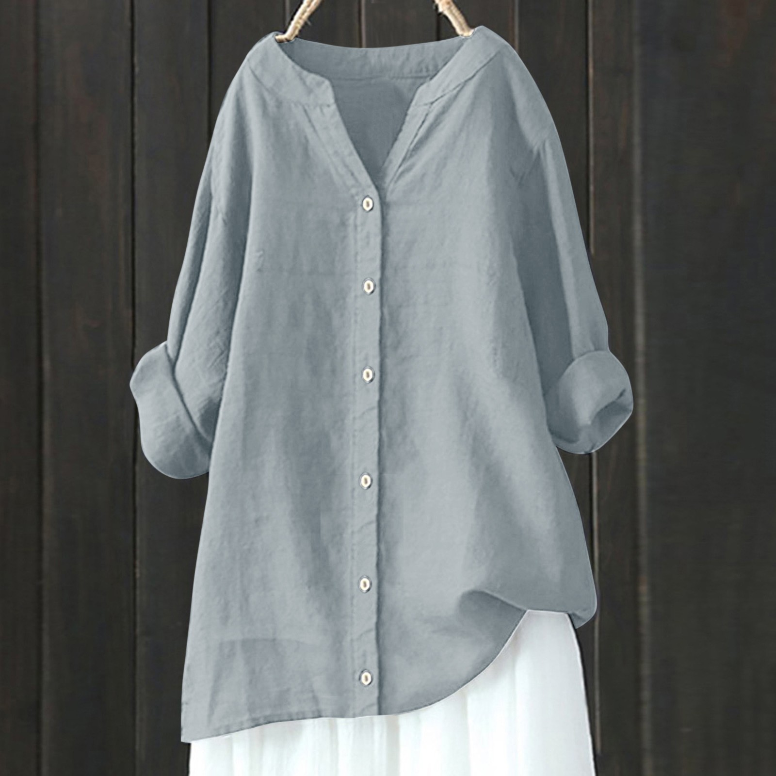 thumbnail image 2 of Blusa holgada con botones para mujer - Camisa informal de manga larga y color liso - Cuello en V, elegante, ideal para el trabajo diario y los viajes - Para todas las estaciones, tallas S-XXXXXL, 2 of 4